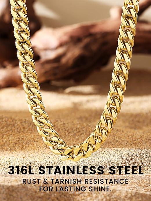 Bestyle Thick Stainless Steel Mens Cuban Link Chain, Black/Gold Chain for Men, No Tarnish & Durable Men Chain Necklace, 5/7/9/12mm Wide, 18"-30" Long, Gift Package