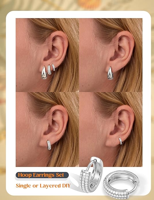 LOLIAS Small 14K Gold Plated Chunky Hoop Earrings for Women Hypoallergenic Silver Earrings Set for Sensitive Ears Non Tarnish Huggie Hoops Earring Stacks for Multiple Piercing Jewelry Lightweight 3Pairs