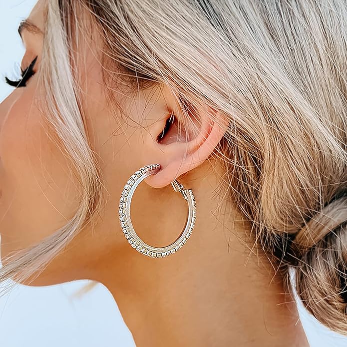 925 Sterling Silver Earrings Large Rhinestone Hoop Earrings Big Cubic Zirconia Hoop Earrings Thin Rhinestones Round Hoop Earrings for Women 20/30/40/50/60/70mm Sparkly Hoops With Crystals for Womens