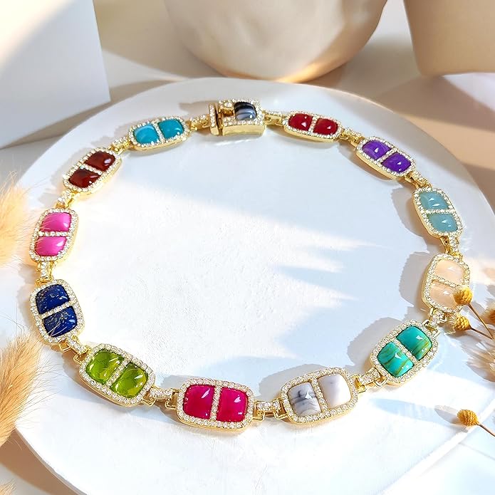 Chunky Necklace for Women 12 Colors Diamond Stone Gold Statement Necklace for Women Full Trendy Blue Birthstone Choker Necklace for Women Square Design Necklace Jewelry