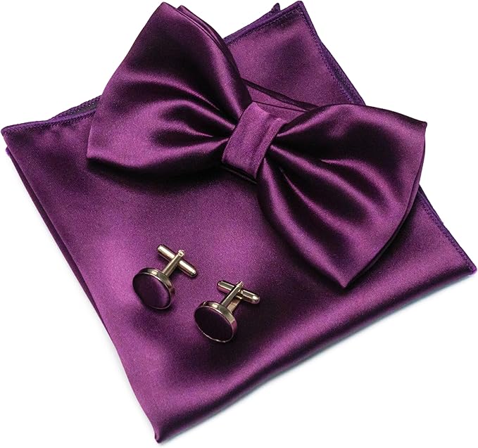 JEMYGINS Solid Color mens Pre-tied Bow Tie and Pocket Square Cufflinks Sets with Gift Box