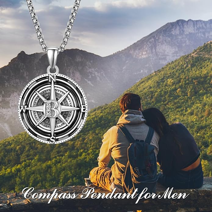 KINGWHYTE Compass Necklace for Men 925 Sterling Silver Birthday Gifts Graduation Travel Jewelry for Husband Brother with Stainless Steel Chain
