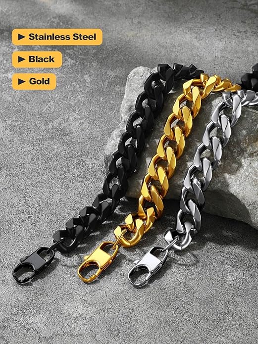 U7 Link Bracelets for Men, Cuban Link/Rope/Watch Band Solid Bracelet, Silver Black Gold Color Wrist Bracelet 3/6/9/12/15mm Width, 6.5/7.5/8.3 Inch Length, Hand Chain Jewelry for Mens Women