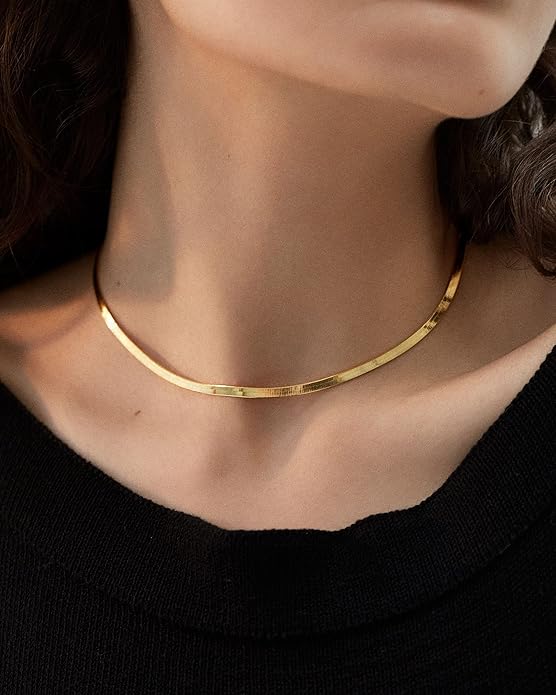 DEARMAY 14K Gold Plated Necklaces for Women, Dainty Gold Herringbone Choker Necklace Thin Layered Snake Chain Jewelry for Gifts