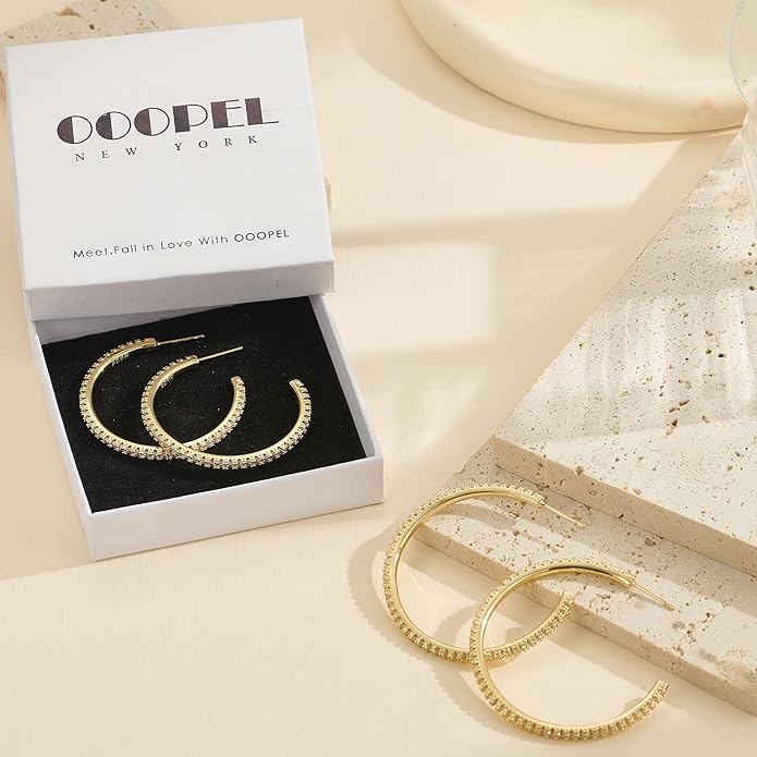 925 Sterling Silver Earrings Large Rhinestone Hoop Earrings Big Cubic Zirconia Hoop Earrings Thin Rhinestones Round Hoop Earrings for Women 20/30/40/50/60/70mm Sparkly Hoops With Crystals for Womens