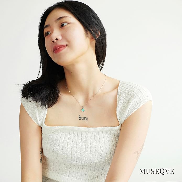 MUSEQVE Four Leaf Clover Necklace for Women Dainty Mother of Pearl White Black Onyx Pink Blue Mint Green Crystal Lucky Clover Pendant 14K Gold Plated Jewelry Gifts [CVRN]