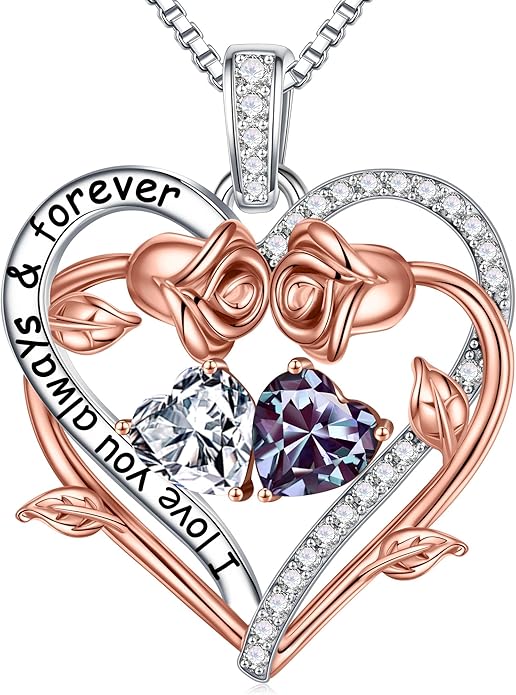 Iefil Rose Heart Double Birthstone Necklace Gifts for Wife Her Mom Women, Birthstone Jewelry Gemstone Birthday Gifts for Girlfriend Grandma Her Wife Women