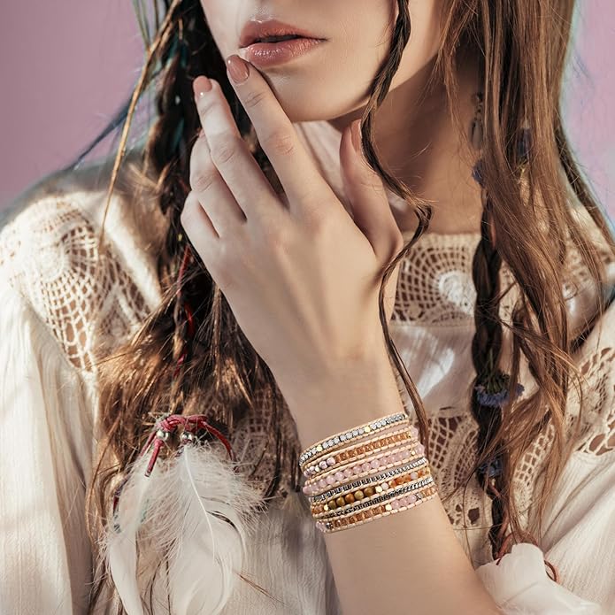 Boho 5 Wrap Bead Bracelet for Men Women - Handmade Adjustable Natural Chakras Stone Crystal Beaded Bracelets Cuff Rope Yoga Healing Bracelet Bangle Hippie Jewelry