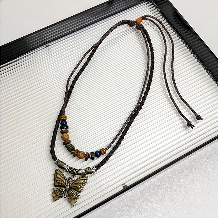 HETICA Boho Necklace for Women, Vintage Butterfly Necklace Adjustable Wooden Beads Layered Braided Necklace Fashion Tribal Style Leather Rope Necklace Jewelry