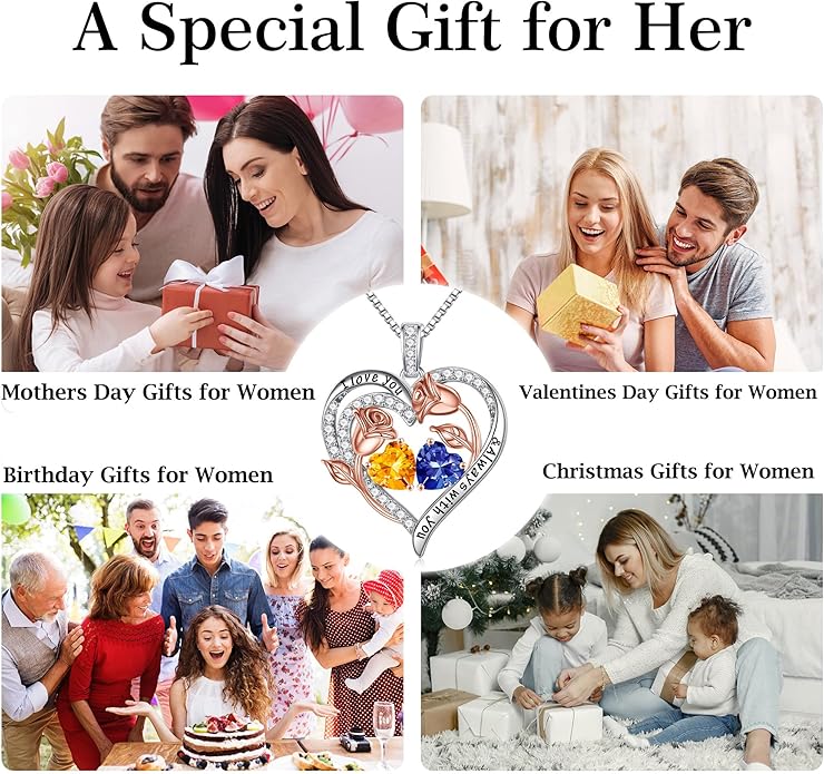 Iefil Birthstone Necklace for Women - 925 Sterling Silver Rose Heart Birthstone Necklace Birthday Anniversary Jewelry Gifts for Her Wife Mom Daughter
