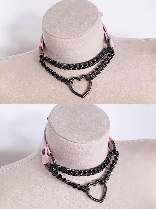 Black/Pink Leather Choker Necklace For Women, Handmade Adjustable Chain Collar with Metallic Heart Ring
