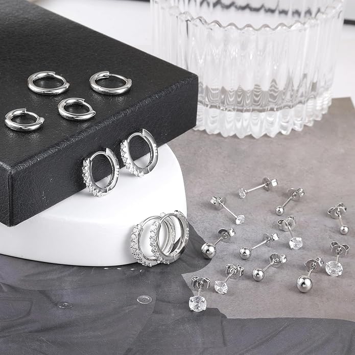 Stud Earrings for Women Hypoallergenic Sterling Silver Post Hoop and Studs Earrings Set for Multiple Piercing Small Ball Cubic Zirconia Earring Studs for Women Trendy Jewelry Gifts（6 Pairs）