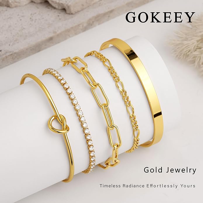 Gold Bracelets for Women Non Tarnish, 14K Gold Plated Chunky Cuff Bracelet Gold Bangles Bracelet for Women Trendy Tie Knot Cuban Rope Paperclip Beaded Bracelet Stack Jewelry Gifts