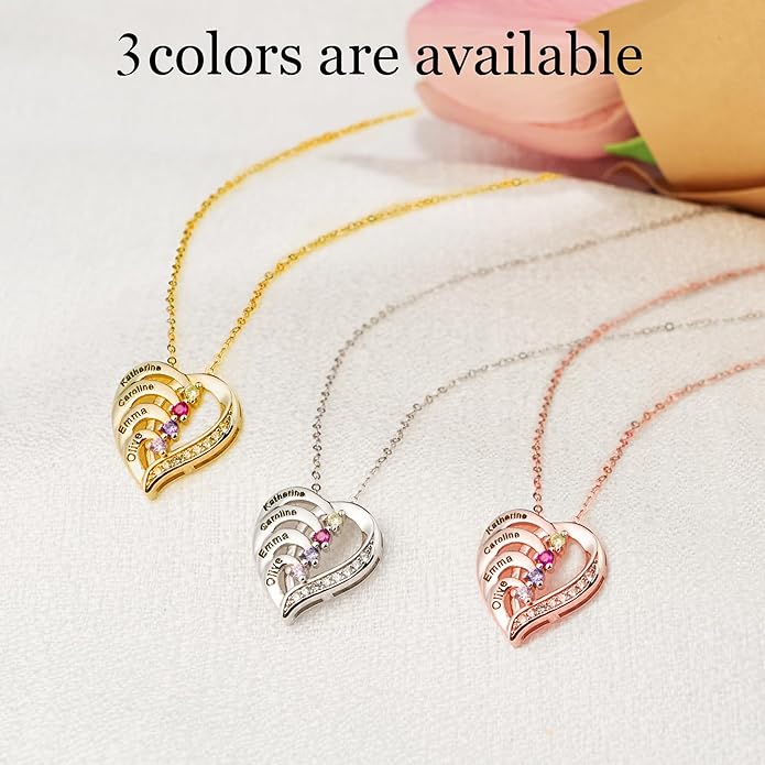 Easycosy Custom Name Necklace with Simulated Birthstones Customized Promise Necklace Heart Pendant with Engraved 2-6 Names - Anniversary Birthday Christmas Jewelry Gifts for Women Wife Mom Grandma
