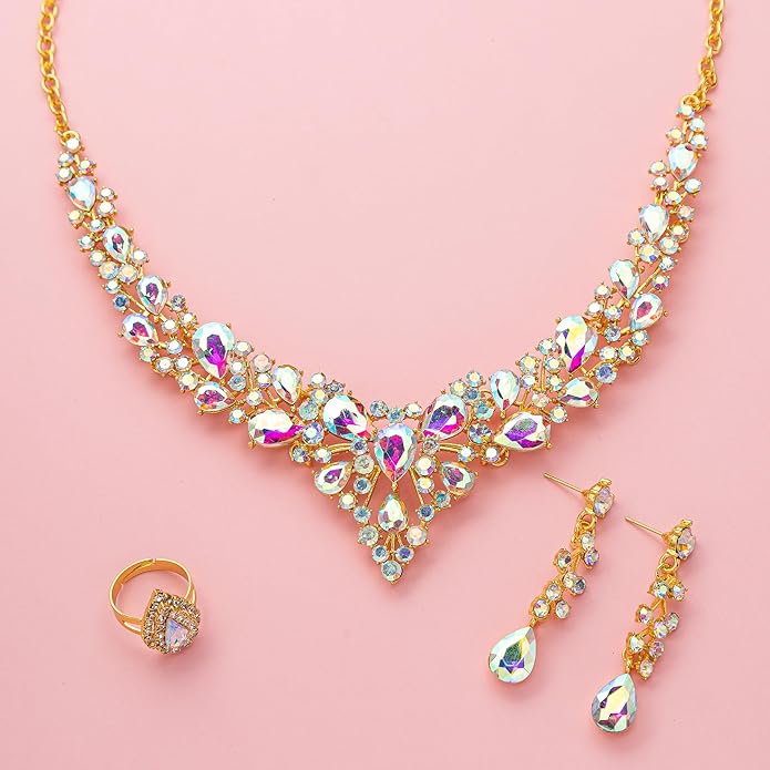 Paxuan Crystal Bridal Wedding Jewelry Sets for Women Rhinestone Teardrop Crystal Statement Choker Necklace Drop Earrings Link Bracelets Rings Teardrop Jewelry Set for Brides Bridesmaids