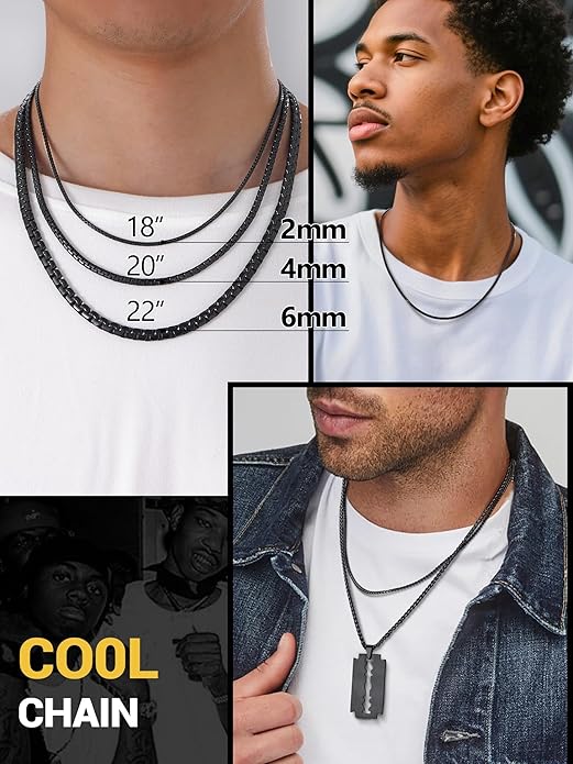 PROSTEEL Stylish Stainless Steel Round Link Chain Necklace for Men, 2mm/4mm/6mm/8mm. Silver/Gold/Black Tone, Hypoallergenic Jewelry, 14"-30", Come with Box