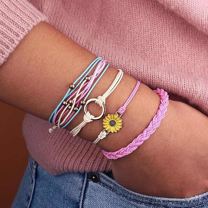 FANCY SHINY Sunflower String Bracelet Boho Braided Rope Wrap Bracelets Cute Summer Beach Surfer Jewelry for Women
