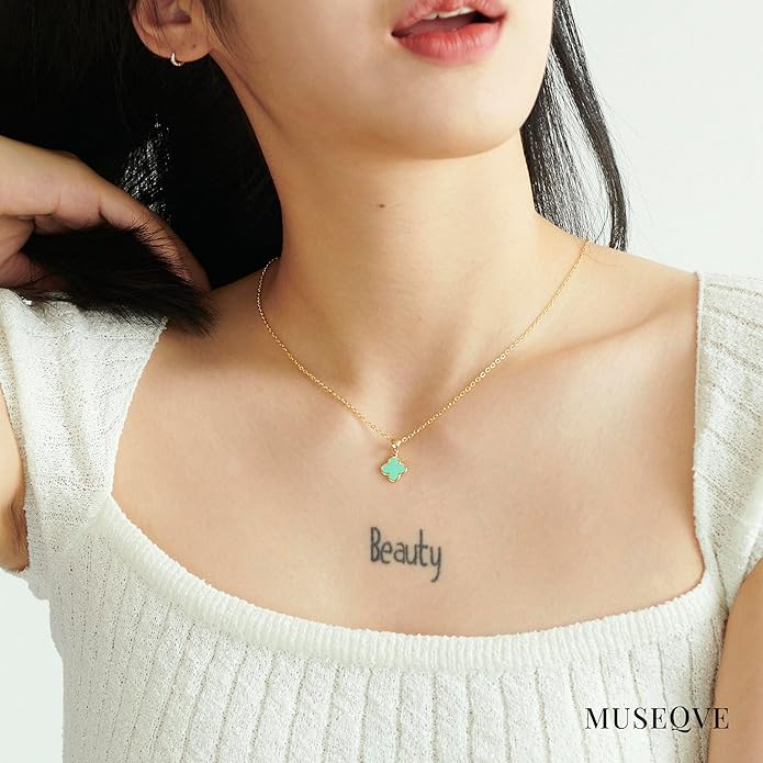 MUSEQVE Four Leaf Clover Necklace for Women Dainty Mother of Pearl White Black Onyx Pink Blue Mint Green Crystal Lucky Clover Pendant 14K Gold Plated Jewelry Gifts [CVRN]