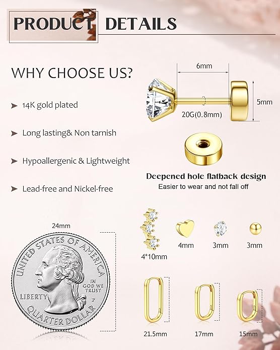 Hypoallergenic 14K Gold Plated Hoop Stud Earrings for Women Surgical Stainless Steel Flat Back Earrings Lightweight Small Chunky Huggie Hoops Cartilage Earring Stacks for Multiple Piercing Women Gifts