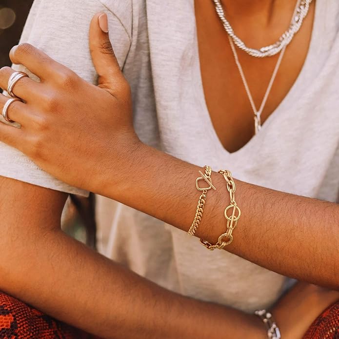 SOFYBJA 18k Gold Plated Personalized Chunky Cuban Oval Link Chain Bracelets for Men Toggle Rope Bracelet Jewelry for Women