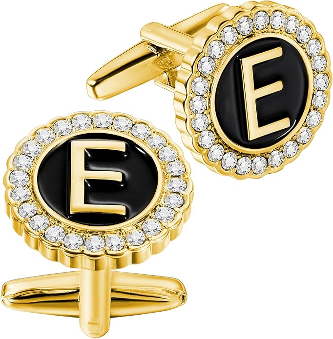 HAWSON A-Z Initial Cufflinks for Men and Women with Clear Crystal, Gold Silver Color Rasied Letter A-Z Cuff Links for French Shirt, Gift for Normal and Business Wearing