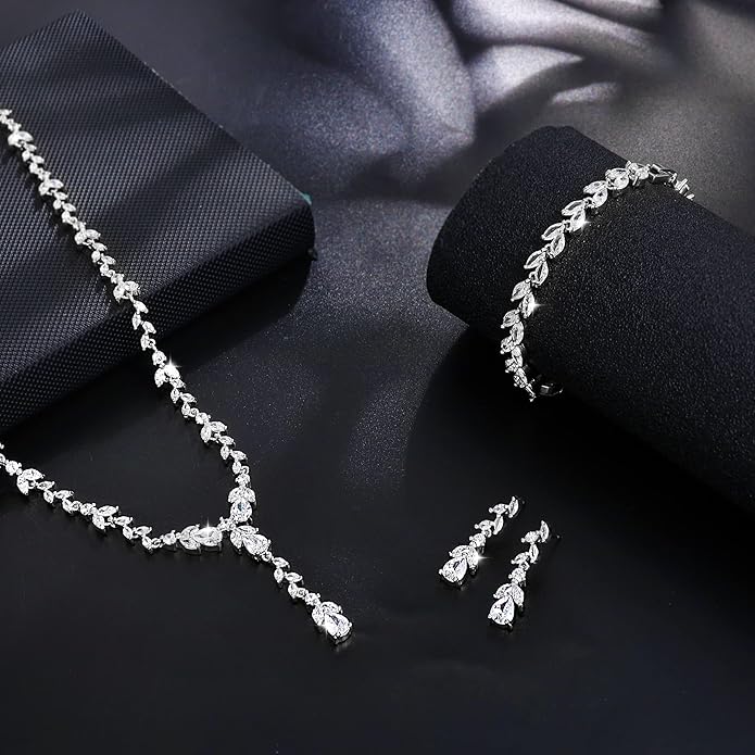 MEEDOZ Bridal Wedding Jewelry CZ Set Marquise Teardrop Cubic Zirconia Pendant Necklace and Dangle Earring Bracelet Sets for Women