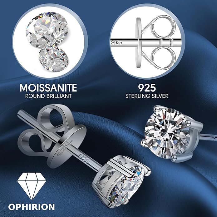 Moissanite Stud Earrings for Women & Men, D Color, VVS1, 925 Sterling Silver, White Gold Plated, Hypoallergenic, GRA Certified, Gift Box Included (0.6; 1.0; 1.6; 2.0 CTW)