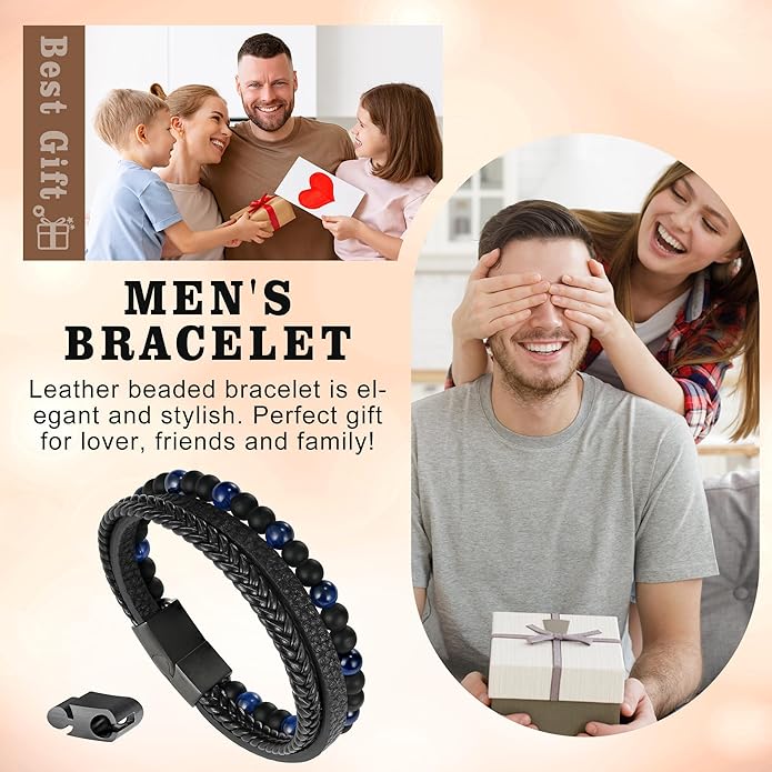 Gifts for Men - Layered Leather Beads Bracelet, Tiger Eye Lava Rock Stone Braided Leather Bracelets for Men Adjustable Magnetic Clasp Birthday Gifts