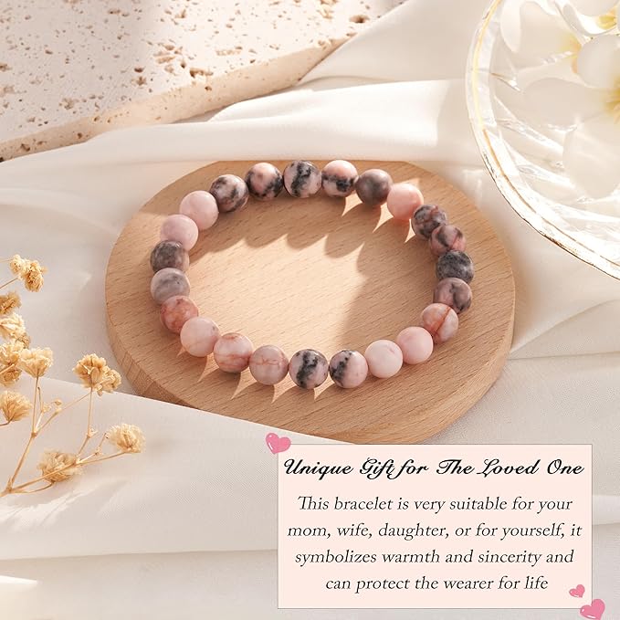 Seyaa Bracelet for Women, Pink Zebra Jasper Bracelet, Birthday Valentines Day Gift for Her Teen, Natural Crystal Stone