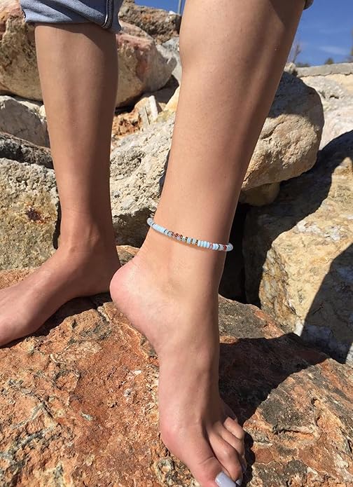 XIJIN Natural Stone Beaded Anklets for Women Handmade Beach Boho Turquoise Beads Ankle Bracelet Jewelry Gift for Her