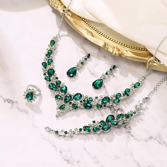 BriLove Wedding Bridal Jewelery for Women Austrian Crystal Teardrop Cluster Statement Necklace Dangle Earrings Link Bracelet Set