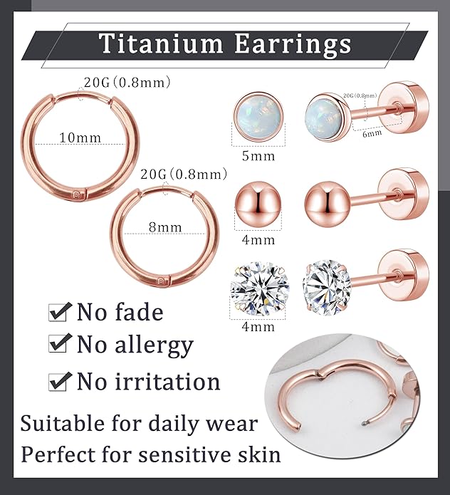 MJust Titanium Earrings for Sensitive Ears 20G Hypoallergenic Stud Hoop Earrings for Women Men Opal Ball CZ Heart Pearl Flat Back Earrings Cartilage Earrings Set