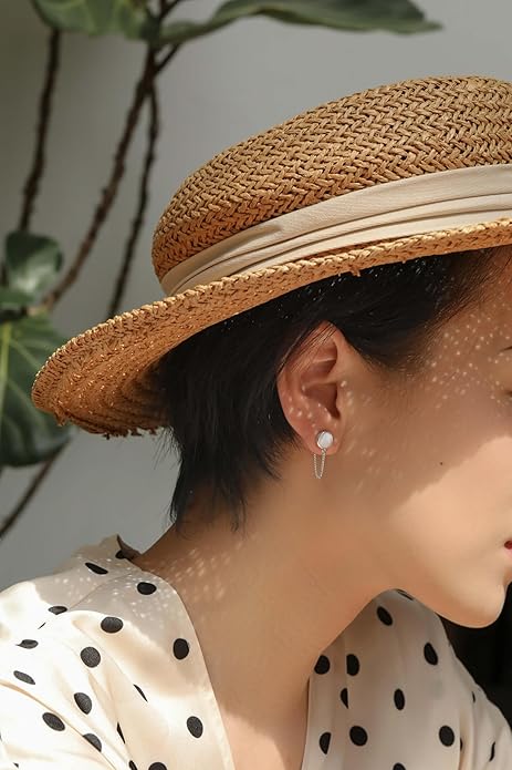 S.Leaf Gold Stud Earrings for Women 925 Sterling Silver Hypoallergenic Mother of Pearl Shell Stud Chain Earrings Friendship Jewelry Gifts for Women Her