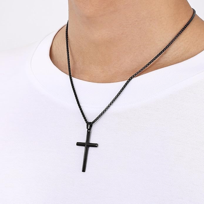 Fiusem Beveled Edge Cross Necklace for Men, Silver Tone/Black/14K Gold Plated Mens Cross Necklace, 2.5MM Stainless Steel Box Chain with Pendant
