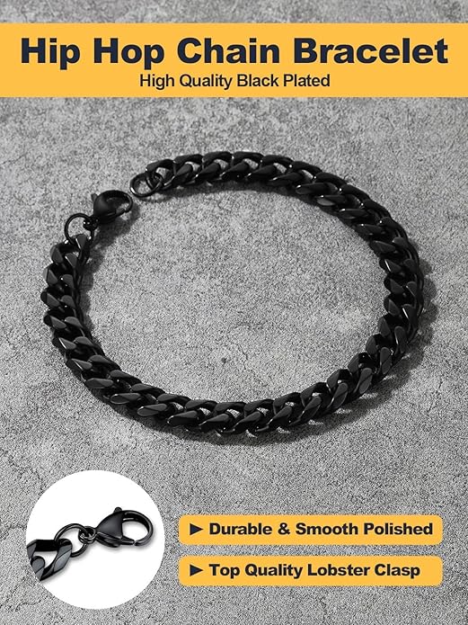 U7 Link Bracelets for Men, Cuban Link/Rope/Watch Band Solid Bracelet, Silver Black Gold Color Wrist Bracelet 3/6/9/12/15mm Width, 6.5/7.5/8.3 Inch Length, Hand Chain Jewelry for Mens Women