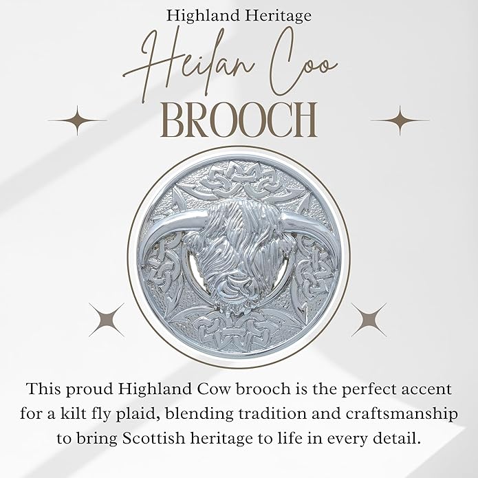 Highland Cow Kilt Brooch with Celtic Knot - Traditional Scottish Helian Coo Plaid Brooches for Men – Handcrafted Tartan Sash Pin, Luxurious Accessory for Women’s Dress