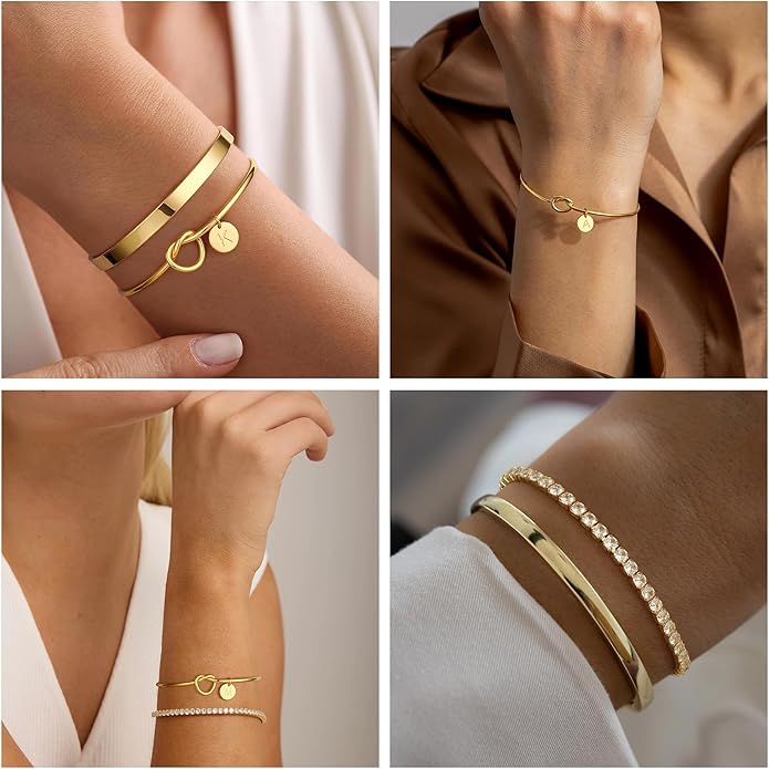 Gold Initial Bracelets for Women - Dainty Gold Bangles Bracelets for Women Personalized Initial Bracelet Stackable Gold Knot Cuff Tennis Bracelet Gold Jewelry Bridesmaid Proposal Wedding Gifts