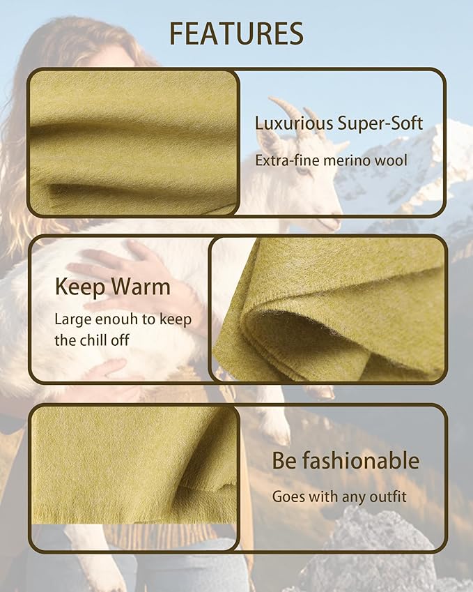 WASALUYA Wool Scarf for Women & Men, 100% Wool Scarves Wrap Shawl with Tassels, Elegant Soft Winter Scarf for Fall and Winter