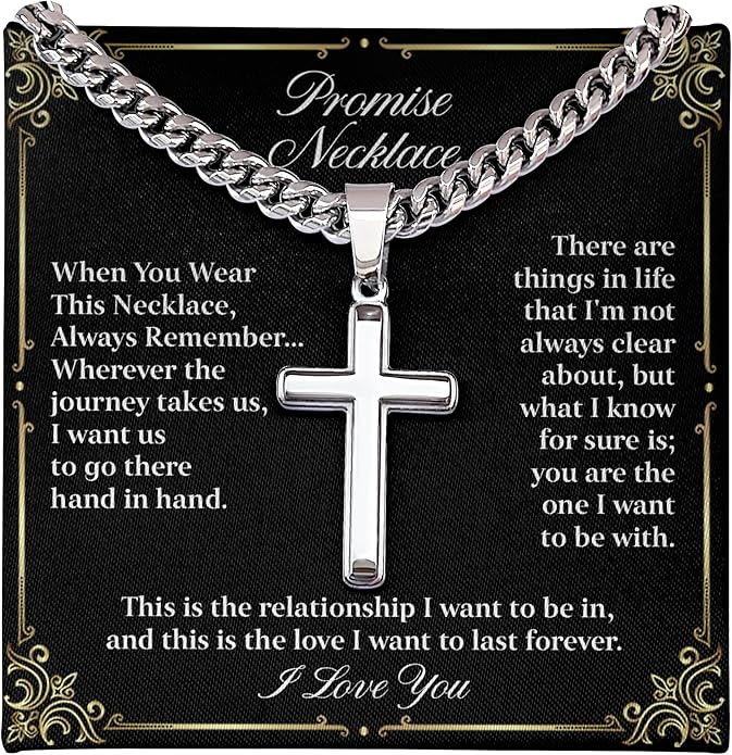 GLAVICY Promise Cross on Cuban Necklace For Him, Sentimental Gift for Husband, Boyfriend, Man with Message Card and Box, Promise Jewelry on Birthday, Valentine Day
