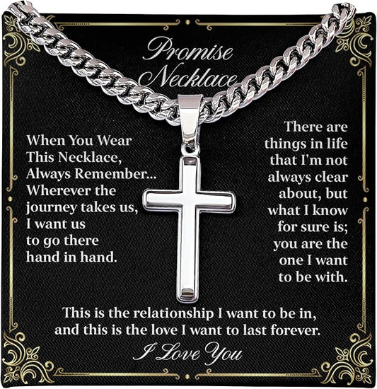 GLAVICY Promise Cross on Cuban Necklace For Him, Sentimental Gift for Husband, Boyfriend, Man with Message Card and Box, Promise Jewelry on Birthday, Valentine Day