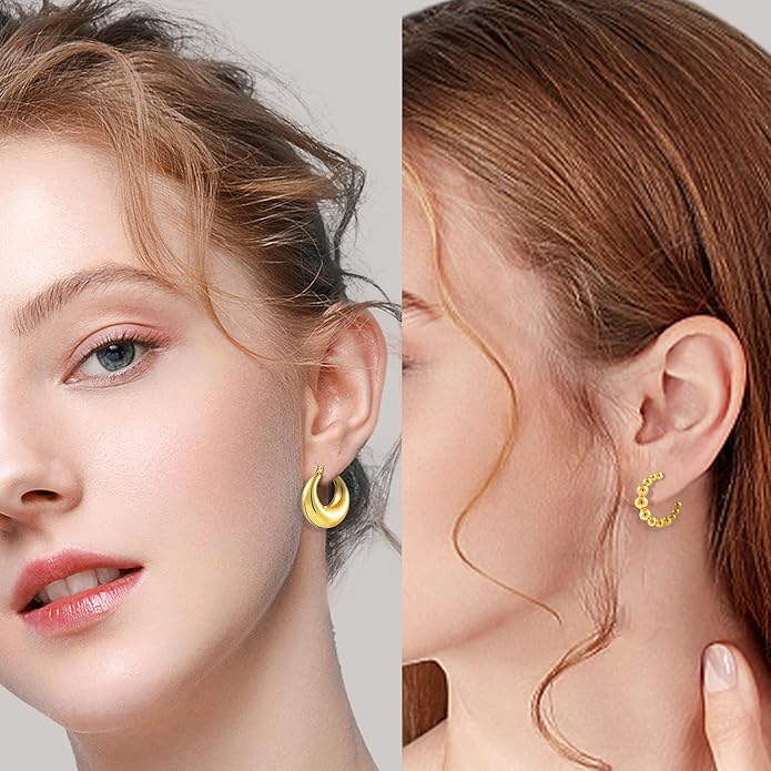 6 Pairs Gold Hoop Earrings for Women, 14K Gold Plated Lightweight Chunky Hoop Earrings Set Hypoallergenic, Thick Open Huggie Hoops Earrings Jewelry for Gifts.
