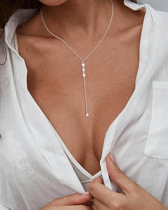 Lariat Gold Necklaces for Women Trendy Dainty Long Necklace 14k Gold Plated/Silver Layered Drop Beaded Chain Necklaces Y-shaped Pendant Necklace Simple Gold Jewelry Gifts