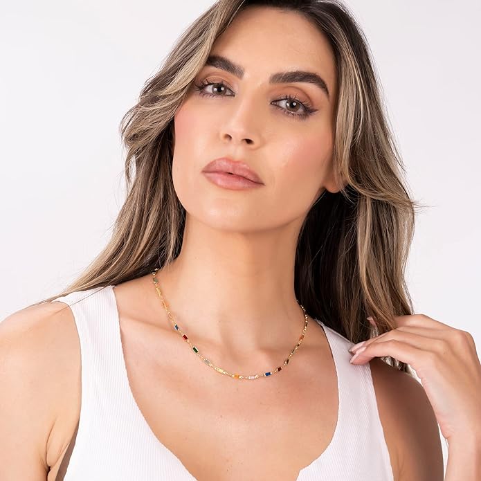 Barzel 18K Gold Plated Multi Stone Crystal Baguette Necklace for Women - Made In Brazil