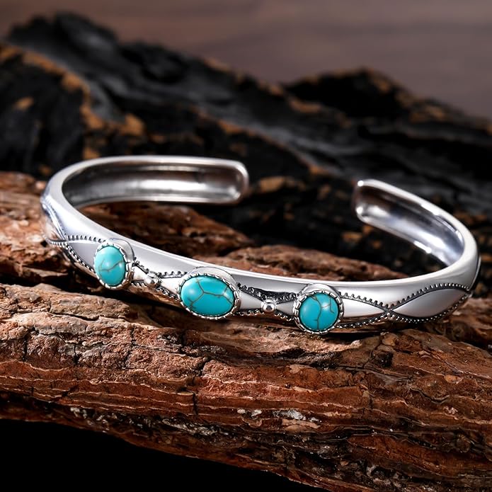 Genuine Turquoise Boho Bracelet for Women, Sterling Silverg Gemstone Native American Western Jewelry, Fit for 6.5 7 7.5 Inches