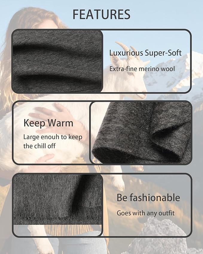WASALUYA Wool Scarf for Women & Men, 100% Wool Scarves Wrap Shawl with Tassels, Elegant Soft Winter Scarf for Fall and Winter