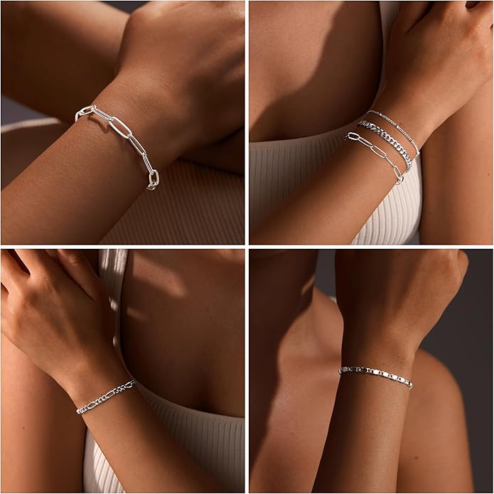 7PCS 14K Gold Plated Bracelets Sets for Women，Dainty Fashion Layered Cuban Link Chain Herringbone Paperclip Chain Bracelets Stack，Trendy Simple Stackable Gold Silver Bracelets Jewelry Gifts