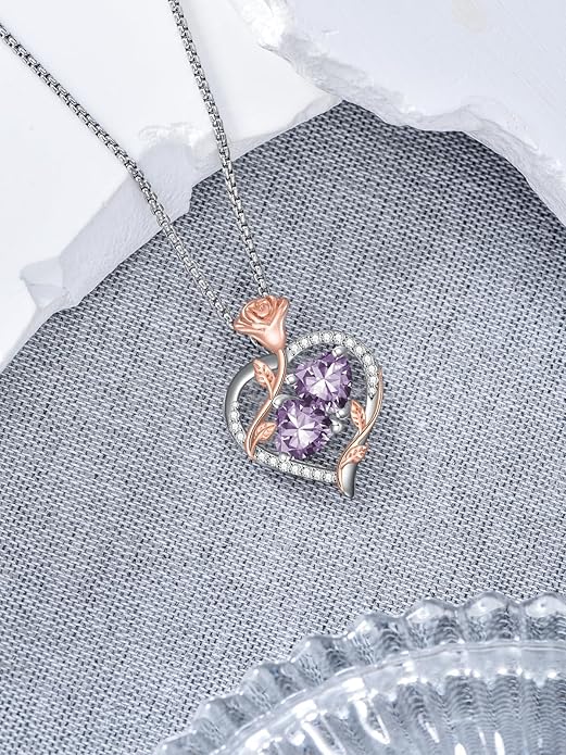 Christmas Gifts for Women Rose Heart Birthstone Pendant Necklace I Love You Forever Jewelry Valentine Mothers Day Birthday Gifts for Women Her Wife Girlfriend