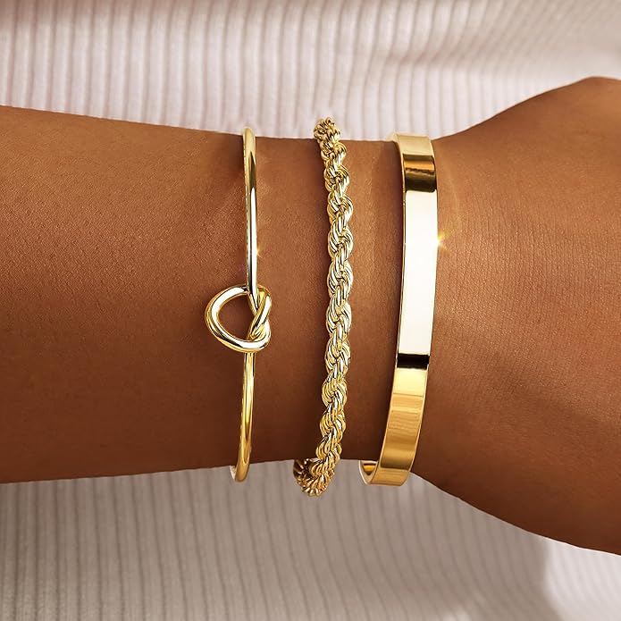 Silver Bracelets for Women Stack, Silver or Gold Plated Cuff Bangle Set, Trendy Silver Jewelry for Women Fashion