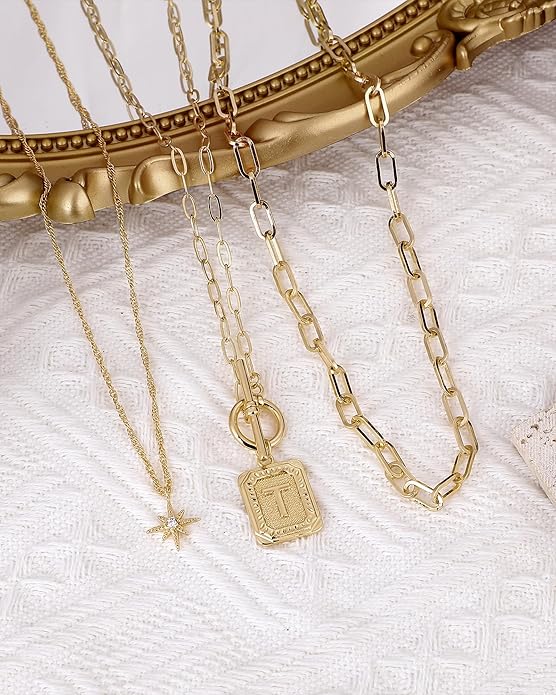 MJartoria Layered Initial Necklaces for Women Trendy, 14K Gold Plated Brass Simple Star Choker Square Letter Pendant Necklace, Paperclip Chain Necklaces Jewelry Gifts