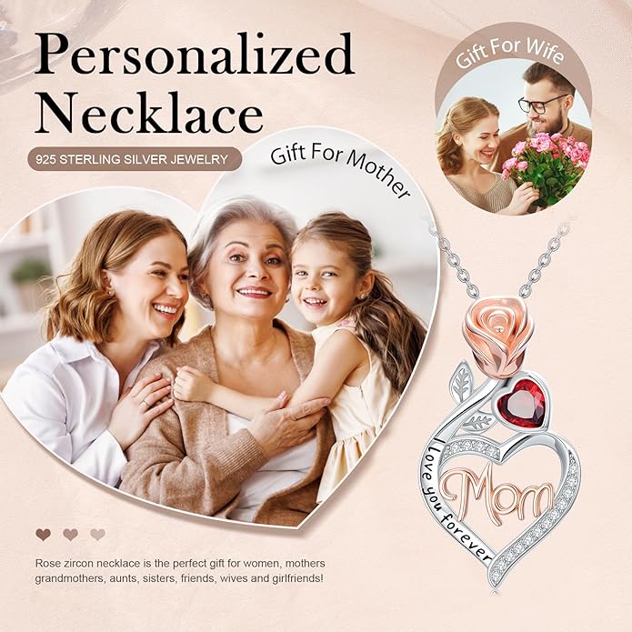 Mother's Day Necklace Gifts 925 Sterling Silver Mom/Wife/Grandma/Nana/Family I Love You Mom Necklace for Women Jewelry Birthday Gifts for Couple